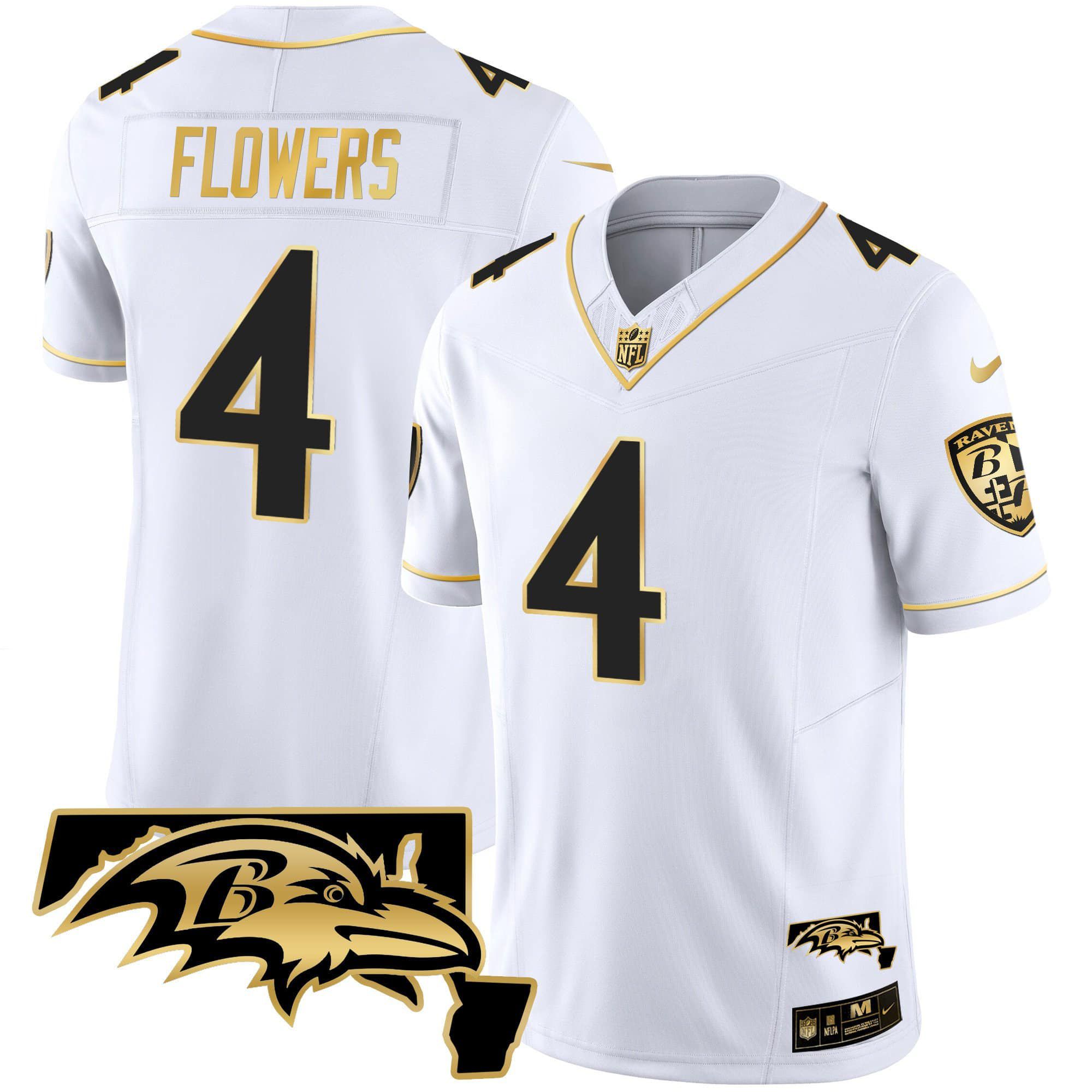Men Baltimore Ravens #4 Flowers White Gold 2024 Nike Maryland Patch Vapor Limited NFL Jersey->indianapolis colts->NFL Jersey